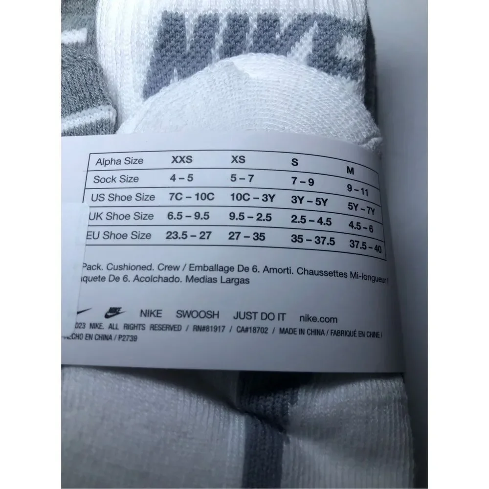 Nike Boys Cushioned Crew Socks 6 Pack (Grey/White) size 10C-3Y